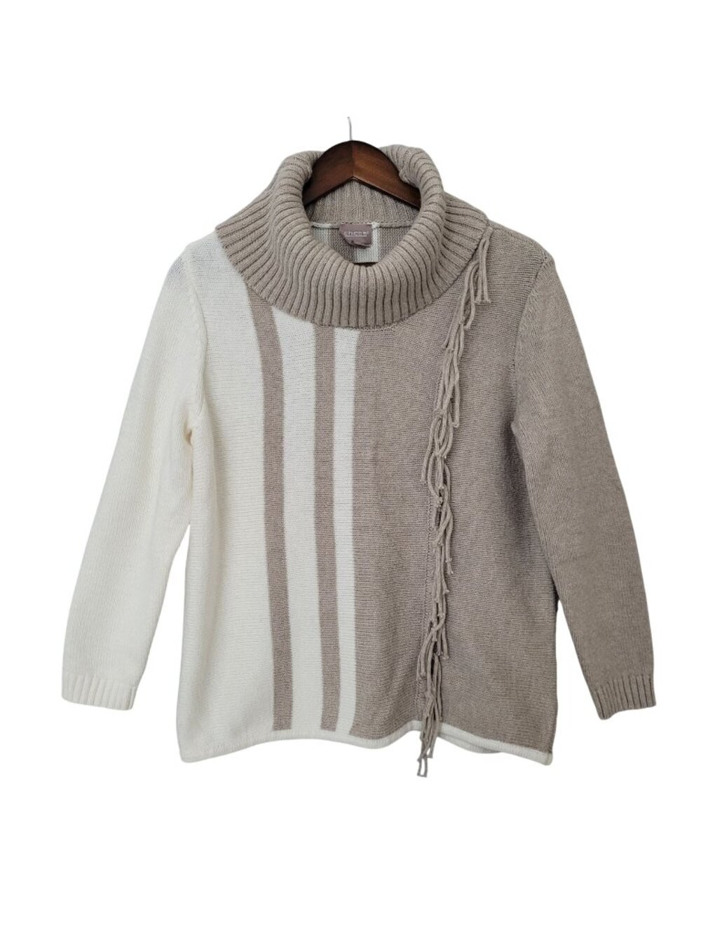 Chicos Striped Knit Turtleneck Sweater Womens Size 2 Beige & Cream